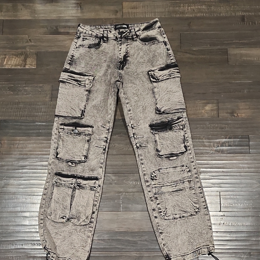 Fashion Nova Women's Washed Gray Cargo Jeans with Multiple Pockets